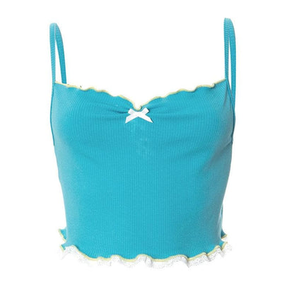Lace hem ruffle bowknot ribbed cami crop top  | Festival Outfits Women