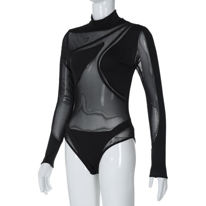 Long sleeve high neck mesh patchwork irregular bodysuit  | Festival Outfits Women
