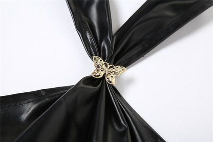 Halter PU leather button butterfly applique top  | Festival Outfits Women