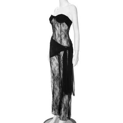 Lace see through solid self tie irregular backless tube jumpsuit  | Festival Outfits Women