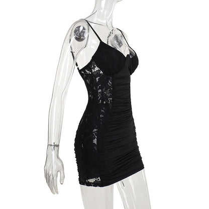 V neck lace ruched backless cami mini dress  | Festival Outfits Women