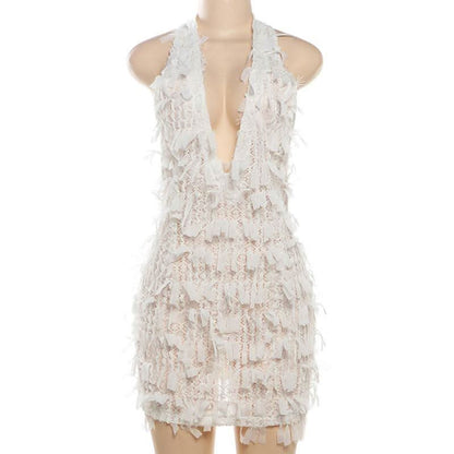 Deep V neck halter self tie backless zip-up mini dress  | Festival Outfits Women