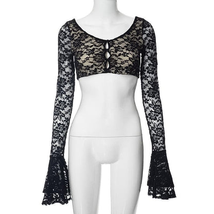 Long flared sleeve lace u neck button backless crop top  | Festival Outfits Women