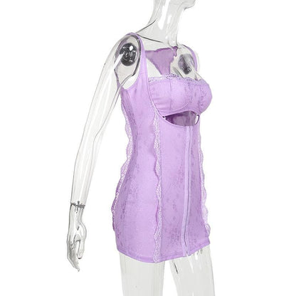Square neck lace backless hollow out button solid cami cut out mini dress  | Festival Outfits Women