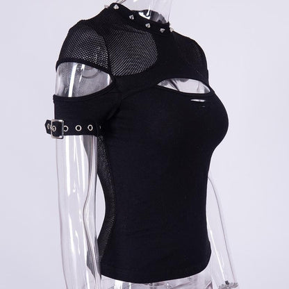 Fishnet patchwork hollow out short sleeve buckle cut out top