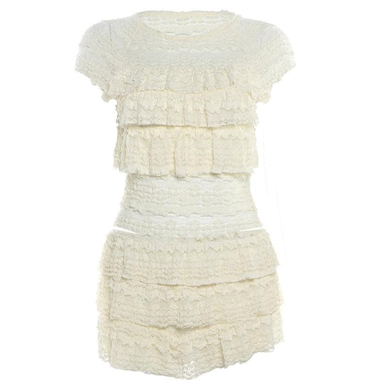 Crewneck cap sleeve textured ruched solid mini skirt set  | Festival Outfits Women