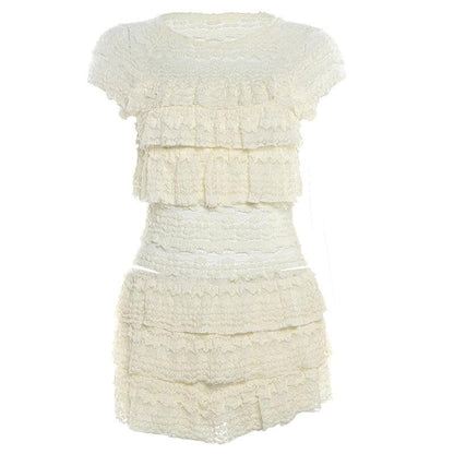 Crewneck cap sleeve textured ruched solid mini skirt set  | Festival Outfits Women