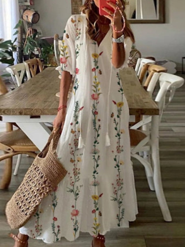 A Line Dress Maxi long Dress White Half Sleeve Floral Print Spring Summer V Neck Fashion Modern  3XL for Women