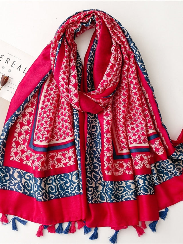 Fashion Women Scarf Print Hijab Flower Tassel Shawls and Wraps Long Style Female Boho Bandana for Women