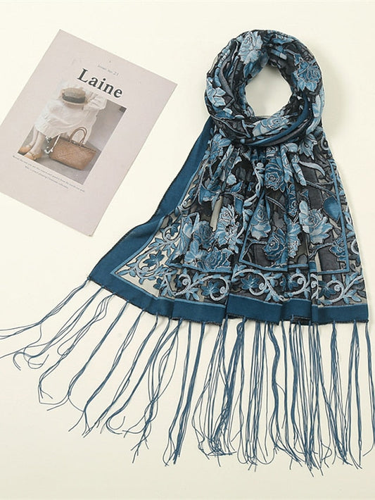 Fashion Women Viscose Scarf Laser Cut Lace Floral Patchwork Tassel Hijab Shawls and Wraps Female Foulards Echarpe for Women