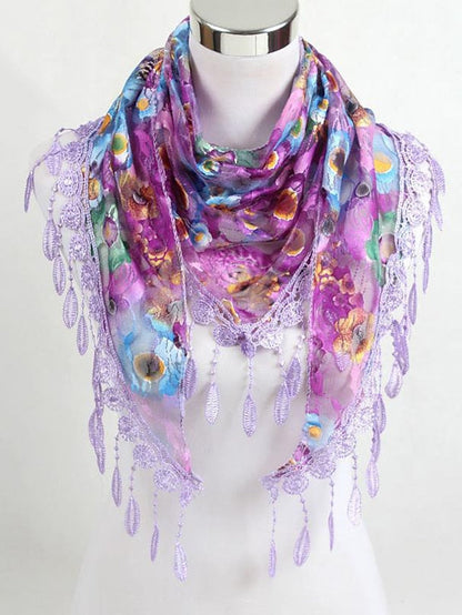 Shawls & Wraps Party Blue Scarf Floral &  Long Triangle Tassel Scarf / Basic / Fall / Winter / Spring for Women