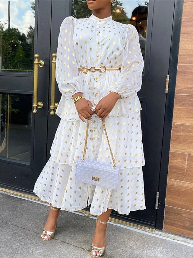 A Line Dress Church Dress Midi Dress White Long Sleeve Pure Color Ruffle Summer Spring Crew Neck Party Winter Dress Fall Dress  S M L XL XXL 3XL for Women