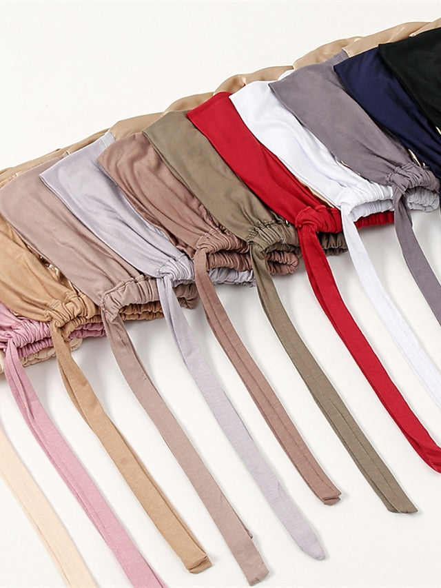 Muslim Satin Hijab Cap Full Cover Inner Hat Islamic Head Wear Stretch Turban Underscarf Bonnet Straps Headband for Women