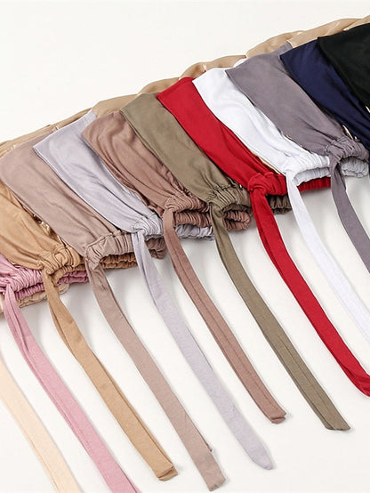 Muslim Satin Hijab Cap Full Cover Inner Hat Islamic Head Wear Stretch Turban Underscarf Bonnet Straps Headband for Women