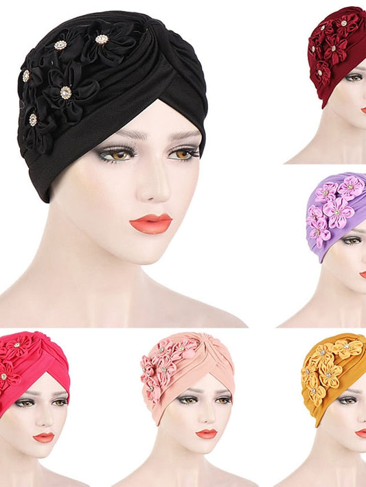 Elegant Women Five Flowers Turban Caps Muslim Elastic Crystal Party Headscarf Bonnet Ladies Hair Accessories Indian Cap for Women