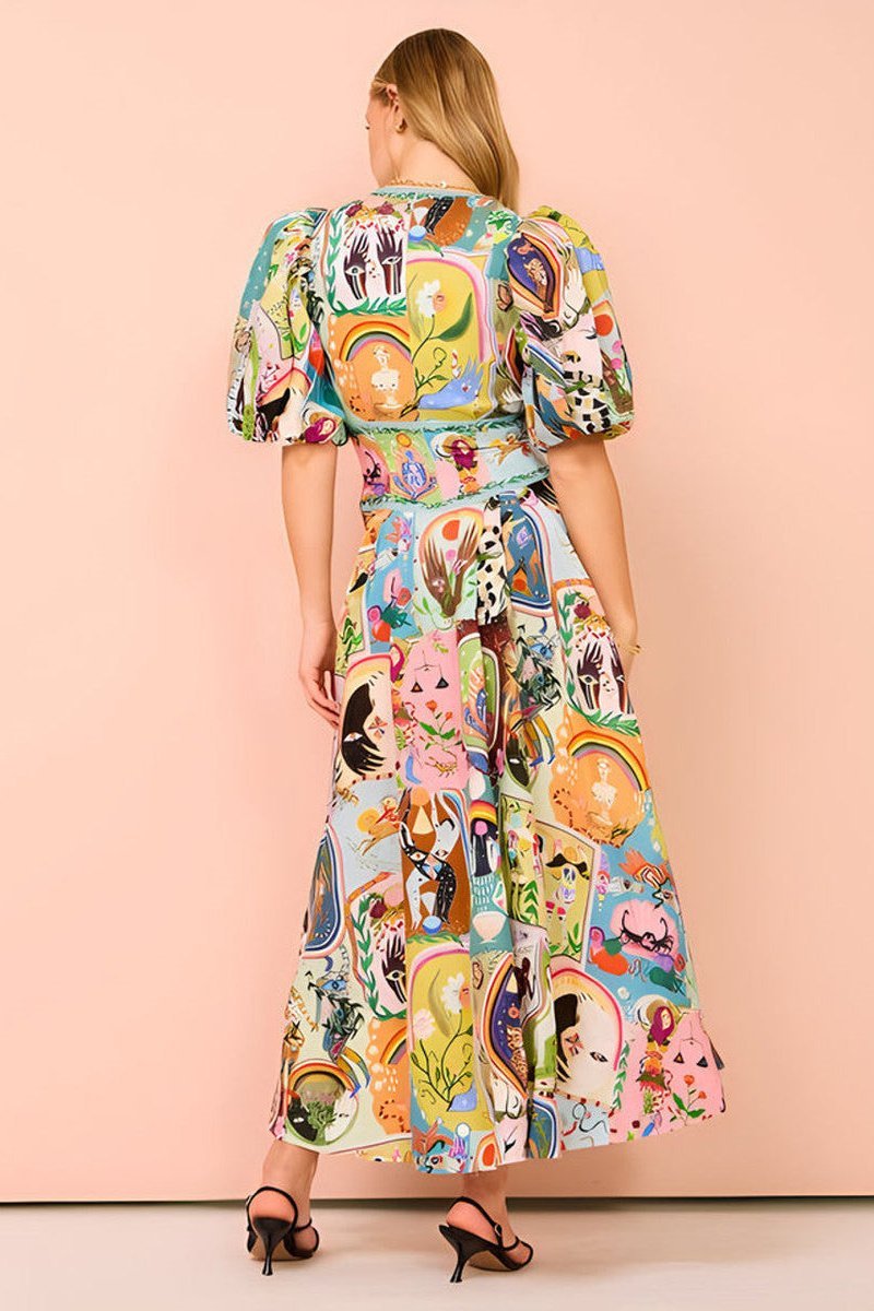 Vestido midi Juliana con escote en V y mangas abullonadas