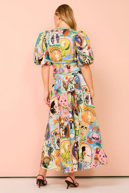 Vestido midi Juliana con escote en V y mangas abullonadas