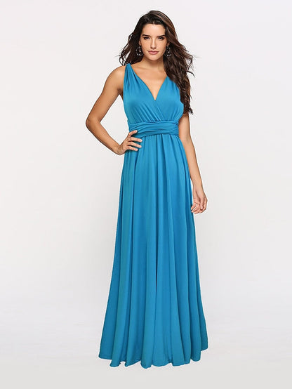 A-Line Bridesmaid Dress Halter / V Neck Sleeveless Convertible Floor Length Spandex with Sash / Ribbon / Pleats 2022