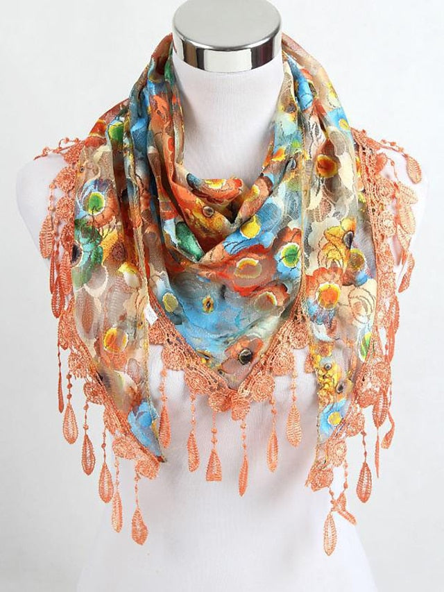 Shawls & Wraps Party Blue Scarf Floral &  Long Triangle Tassel Scarf / Basic / Fall / Winter / Spring for Women