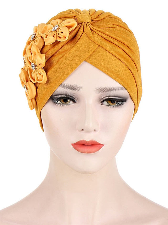 Elegant Women Five Flowers Turban Caps Muslim Elastic Crystal Party Headscarf Bonnet Ladies Hair Accessories Indian Cap for Women