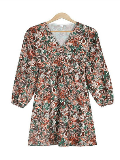 A Line Dress Knee Length Dress Brown Long Sleeve Floral Print Summer Spring V Neck Casual Winter Dress Fall Dress  S M L XL XXL for Women