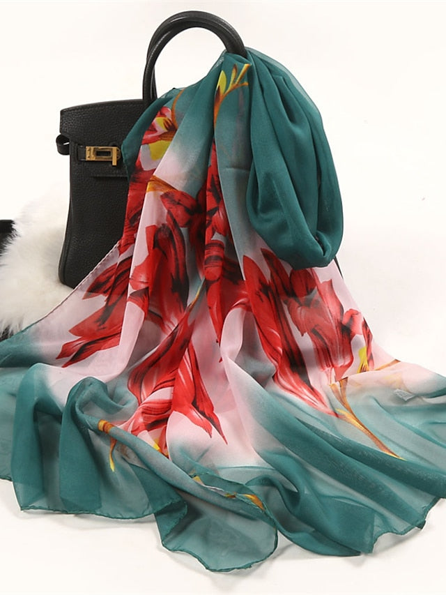 Floral Summer Women Travel Scarf Chiffon Georgette Bandana Female Elegant Shawl Hijab Hairscarves Holiday Thin Scarf for Women