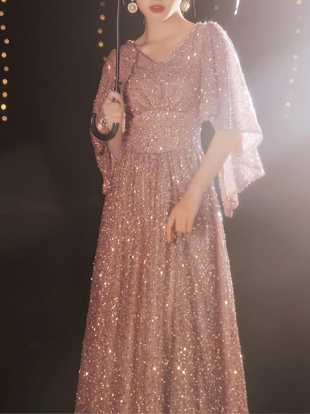 A-Line Sparkle Elegant Prom Formal Evening Dress V Neck Half Sleeve Floor Length Satin with Sequin 2022