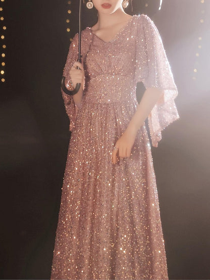 A-Line Sparkle Elegant Prom Formal Evening Dress V Neck Half Sleeve Floor Length Satin with Sequin 2022