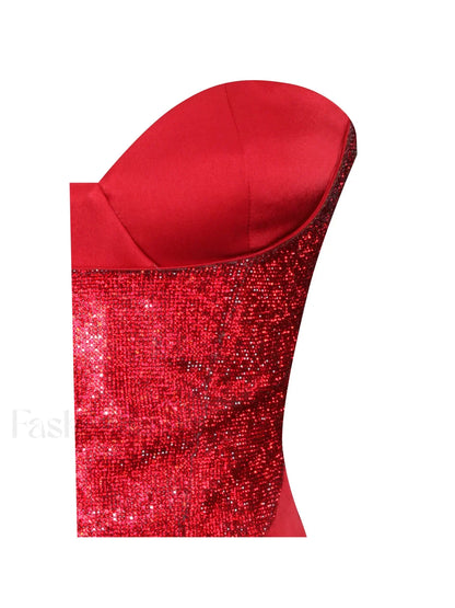 Kadesha Red Crystal High Graceful Slit Satin Corset Gown