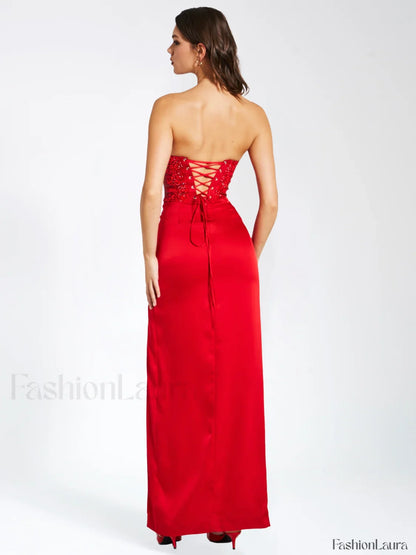 Kadesha Red Crystal High Graceful Slit Satin Corset Gown