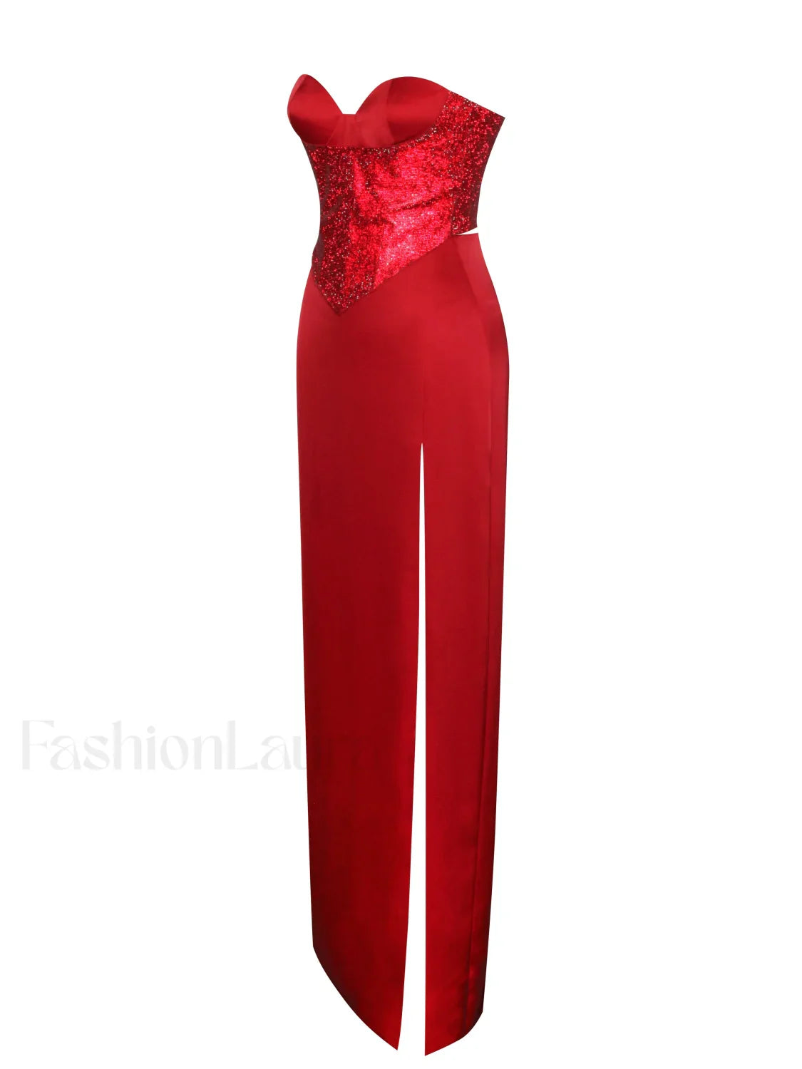 Kadesha Red Crystal High Graceful Slit Satin Corset Gown