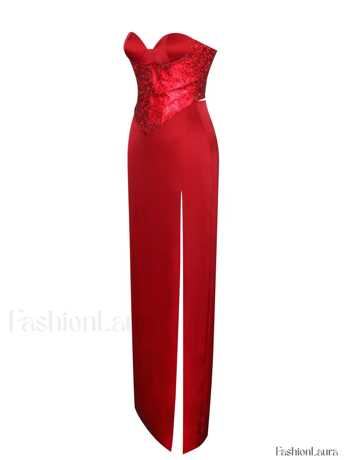 Kadesha Red Crystal High Graceful Slit Satin Corset Gown