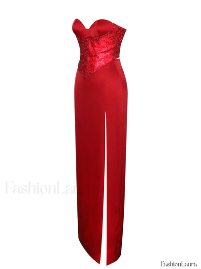 Kadesha Red Crystal High Graceful Slit Satin Corset Gown