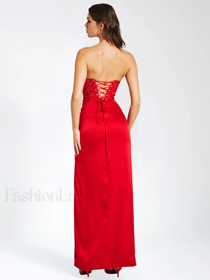 Kadesha Red Crystal High Graceful Slit Satin Corset Gown