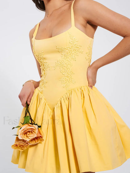 Kadi Yellow Cotton Drop Graceful Waist Corset Mini Dress