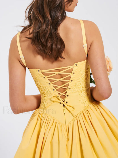 Kadi Yellow Cotton Drop Graceful Waist Corset Mini Dress