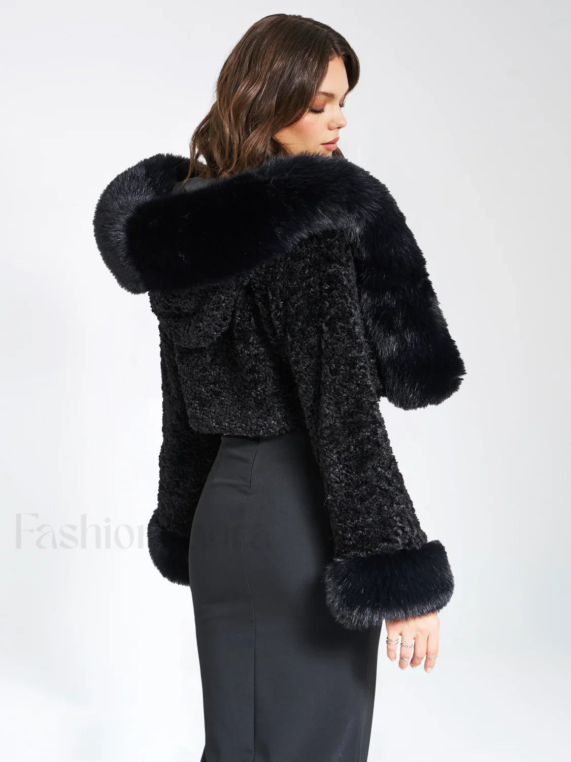 Kali Black Cropped Faux Graceful Fur Jacket With Hood
