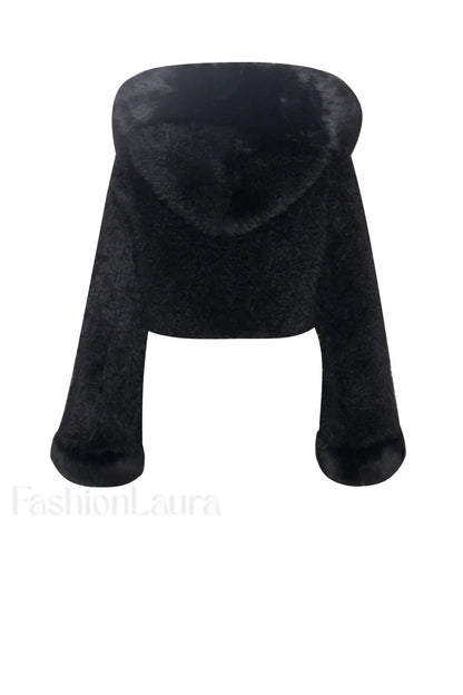 Kali Black Cropped Faux Graceful Fur Jacket With Hood