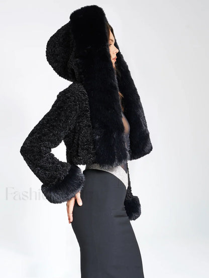 Kali Black Cropped Faux Graceful Fur Jacket With Hood