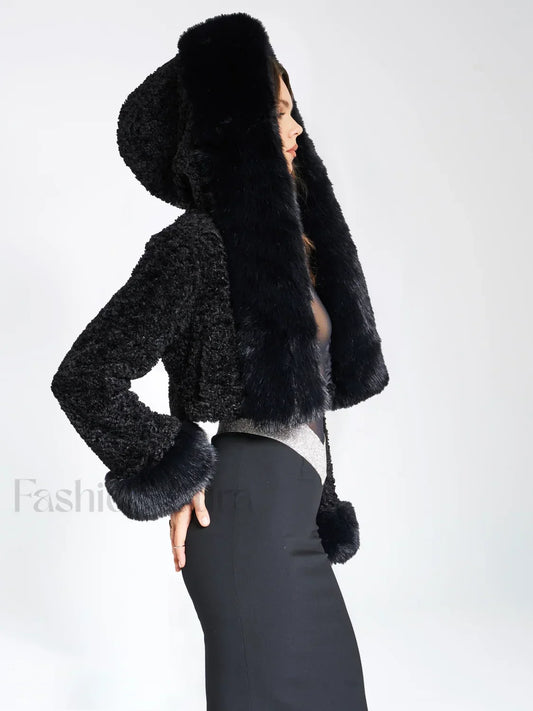 Kali Black Cropped Faux Graceful Fur Jacket With Hood