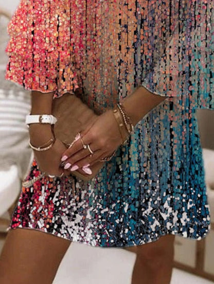 A Line Dress Short Mini Dress Rainbow 3/4 Length Sleeve Print Color Block Ruched Print Spring Summer V Neck Elegant Modern  3XL for Women