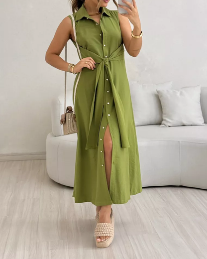 V-Neck Sleeveless Solid Color Waist Dres