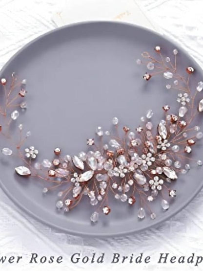 Bride Flower Wedding Hair Vine Crystal Bridal Hair Piece Rhinestone Party Hair Accessories Leaf Hair Jewelry Bead Headpiece for Women and Girls for Women