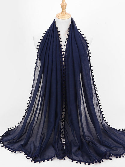 Plain Soft with small Pom Pom Ball Viscose Shawl Scarf Lady High Quality Wrap Muslim Hijab 180*80Cm for Women