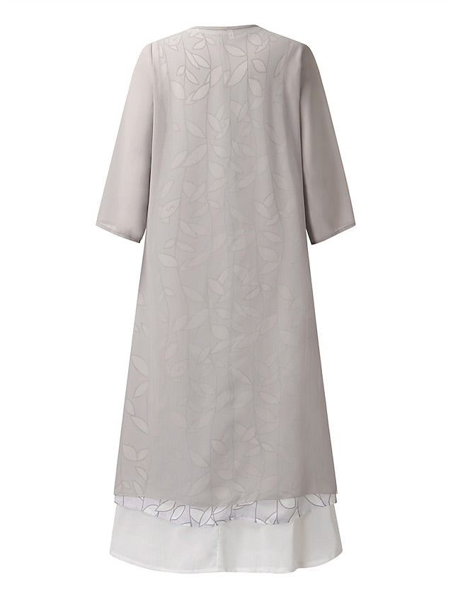 A Line Dress Midi Dress Gray 3/4 Length Sleeve Print Pure Color Ruched Fall Spring Crew Neck Elegant Casual Classic  S M L XL XXL 3XL / Loose for Women