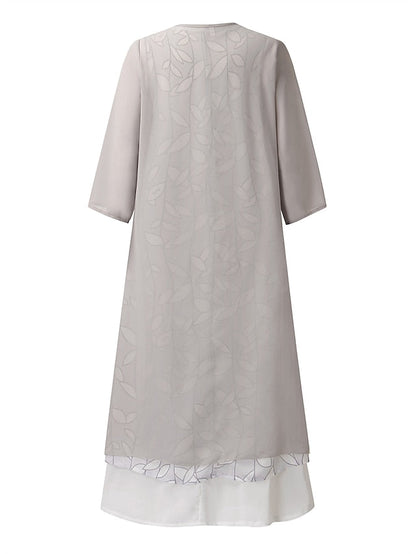 A Line Dress Midi Dress Gray 3/4 Length Sleeve Print Pure Color Ruched Fall Spring Crew Neck Elegant Casual Classic  S M L XL XXL 3XL / Loose for Women