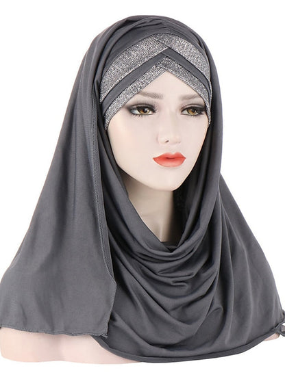 Forehead Cross Hair Wrap Scarf Solid Color Glitter Sequins Jersey Hijabs Muslim Headband Women Turban Hair Cap Headscarf for Women