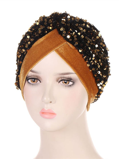 Velvet Sequins Turban Caps For Women Muslim Headscraf Bonnet Femme Musulman Islamic Head Wraps African Indian Hat Protective Hair Cover for Women