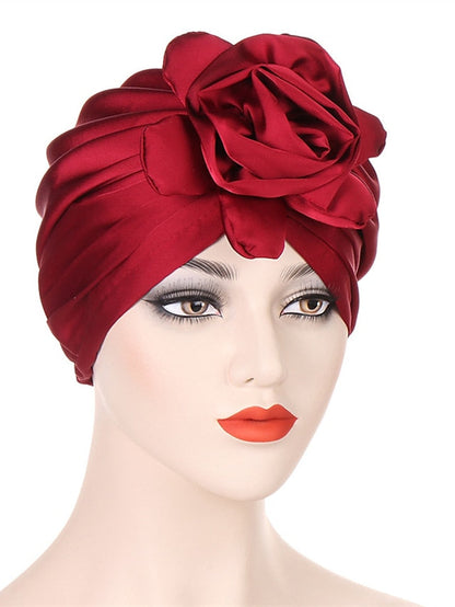 Big Flower Muslim Women Turban Satin Head Wrap Hijab Sleep Night Hat Hair Care Cap Indian Elastic Beanie Ladies Hair Loss Headwear for Women
