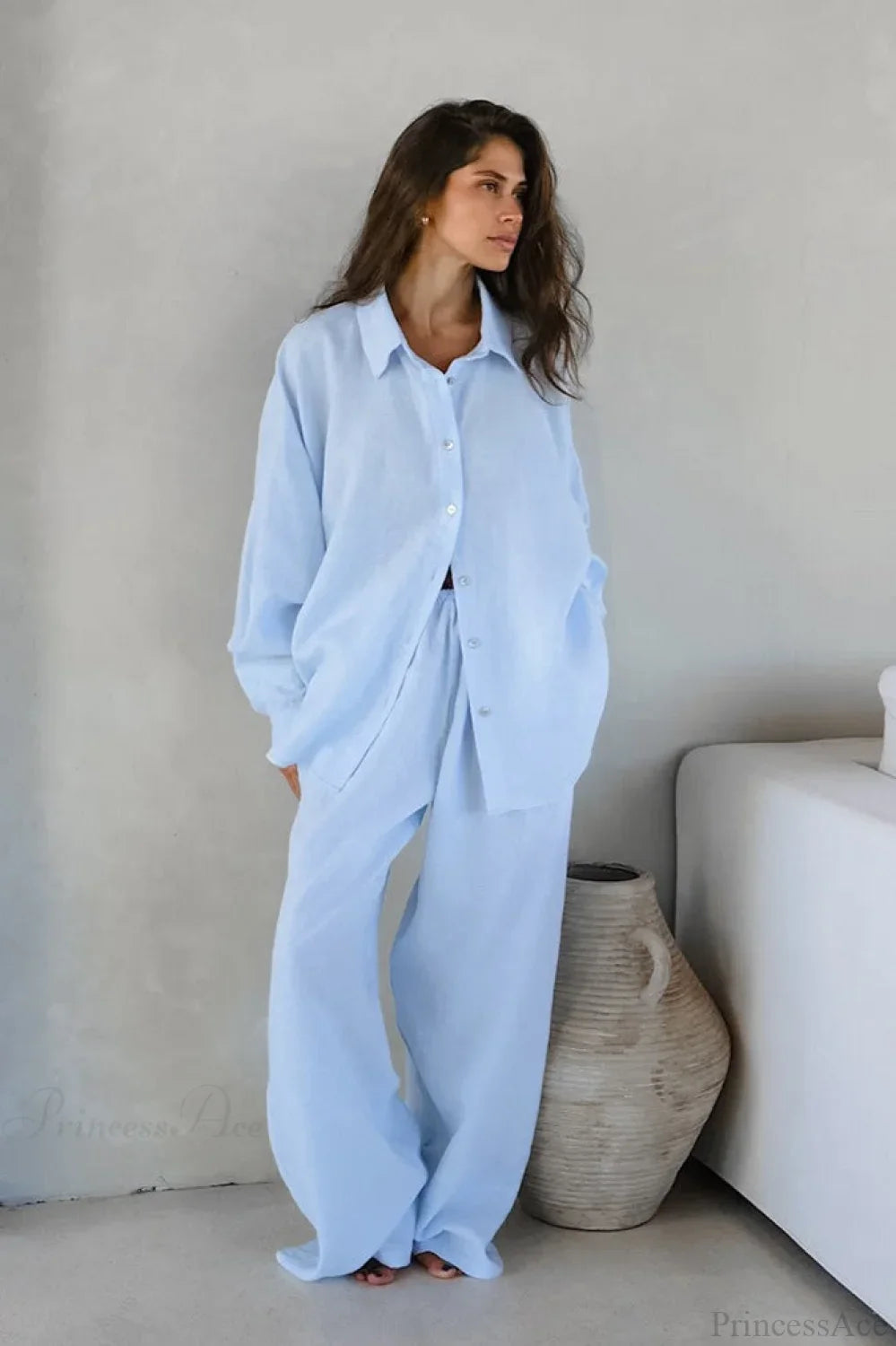 Khaki Cotton Linen Relaxed Long Sleeve Two Piece Set